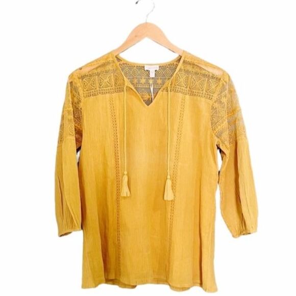 NWT Garnet Hill Top Organic Cotton Lace Trim Peasant Blouse Yellow Size 2 NEW - Picture 1 of 8